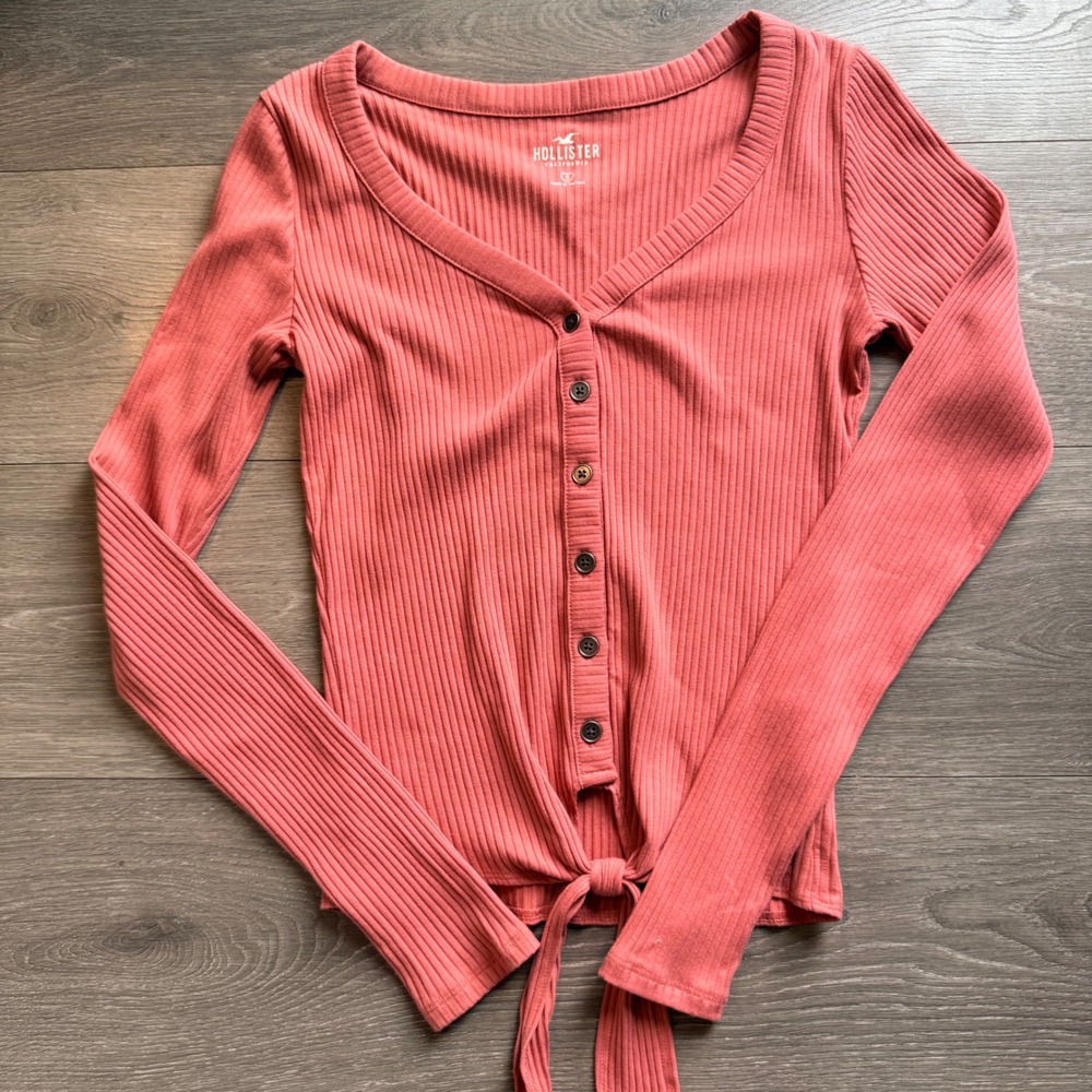 Hollister Ribbed Knit Cardigan‎ Button Front Tie Waist Long Sleeve Coral Small